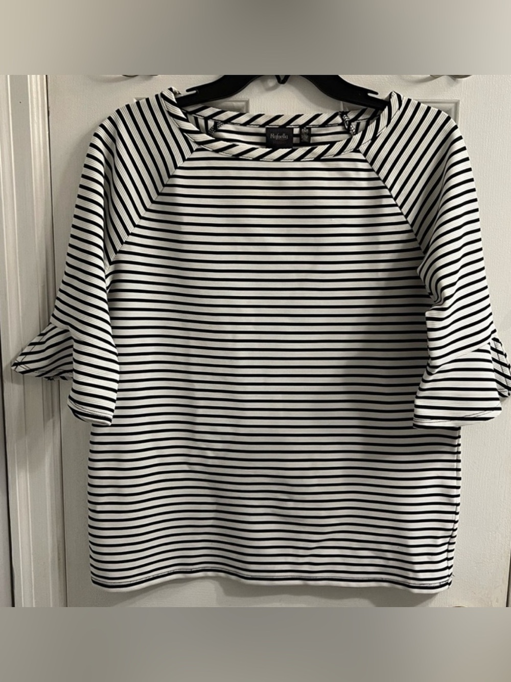 Rafaella Crew Neck Black White Striped Ruffle Bell Sleeve Top Blouse Small